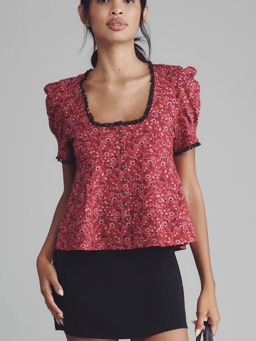 Anthropologie Maeve Hot Pink Floral Lace-Trim Button Front Top